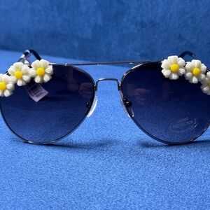 Women's Daisy-Embellished Aviator Sunglasses - Black Lenses